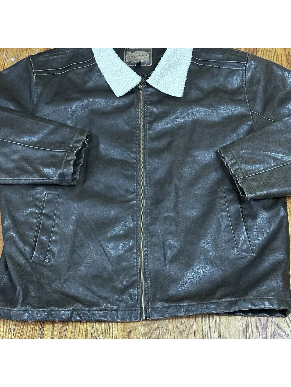 NWOT Vintage Faux Leather Jacket Men's 4X Brown Full Zip Sherpa Collar